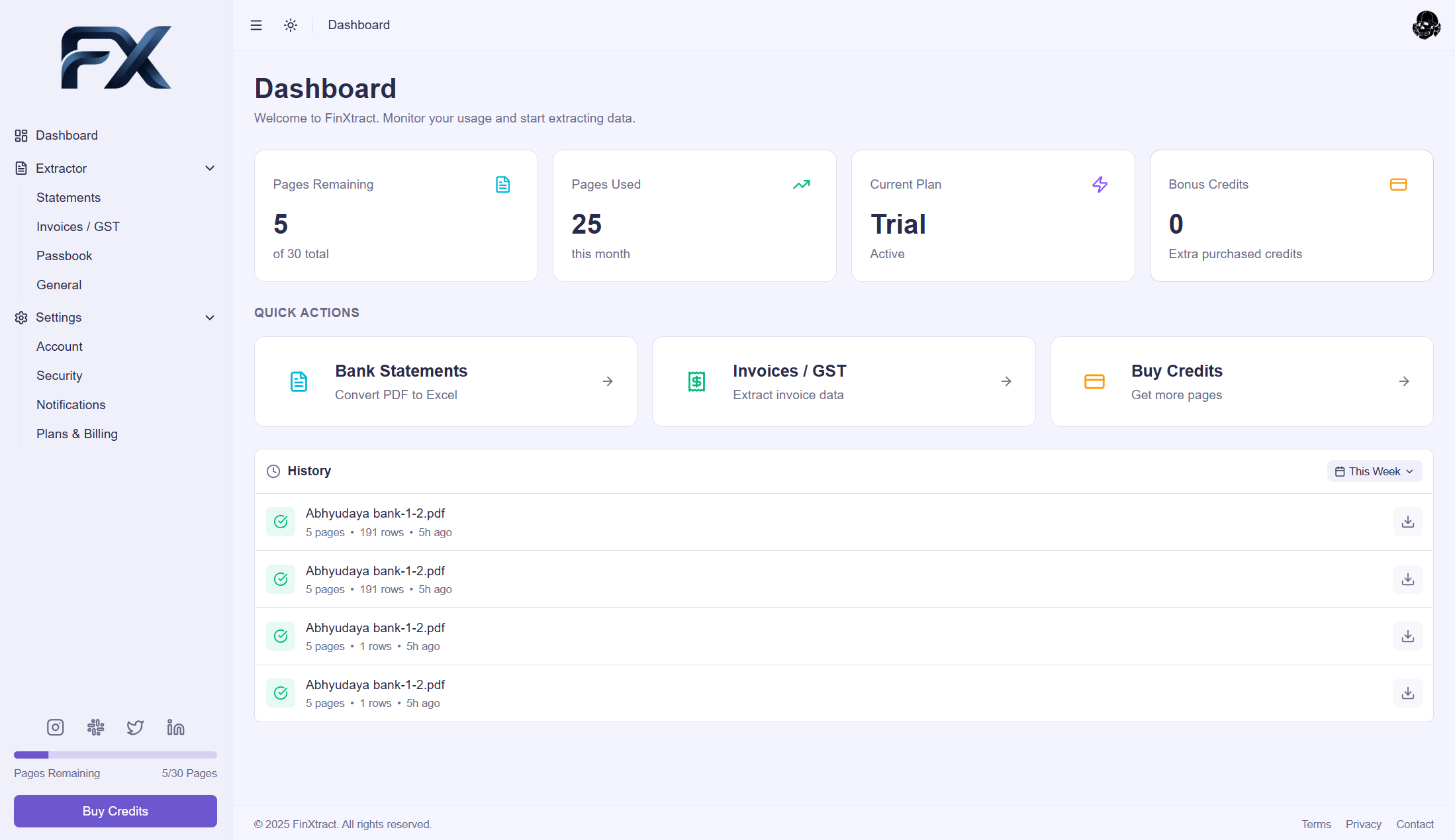 FinXtract dashboard showing AI-powered bank statement extraction, invoice processing, and Tally export interface